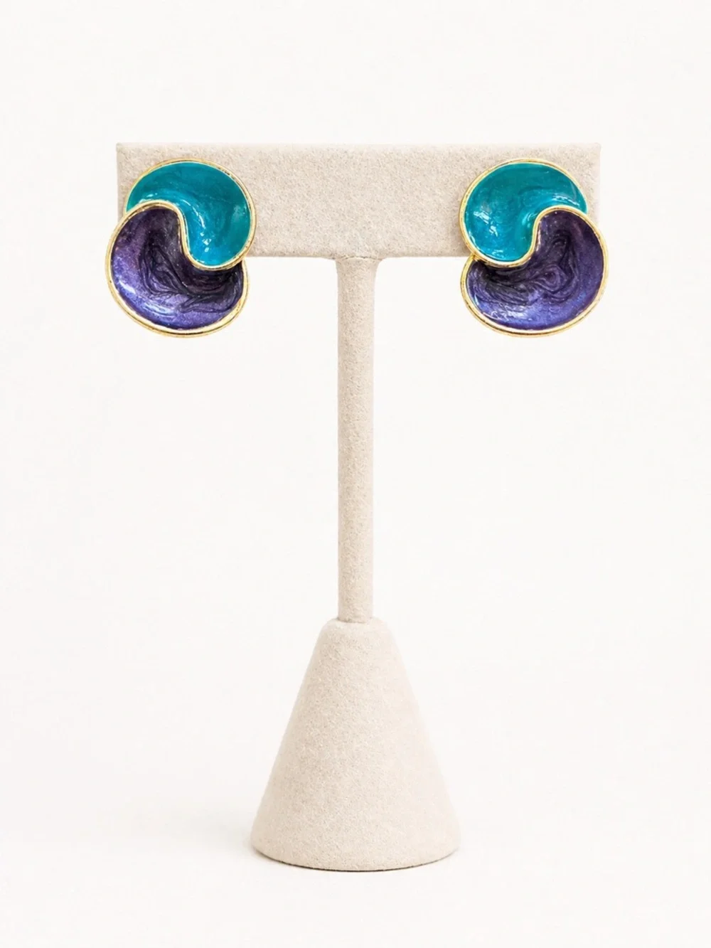 Vintage Gold Tone Enamel Swirl Clip-On Earrings Teal Purple Statement Abstract